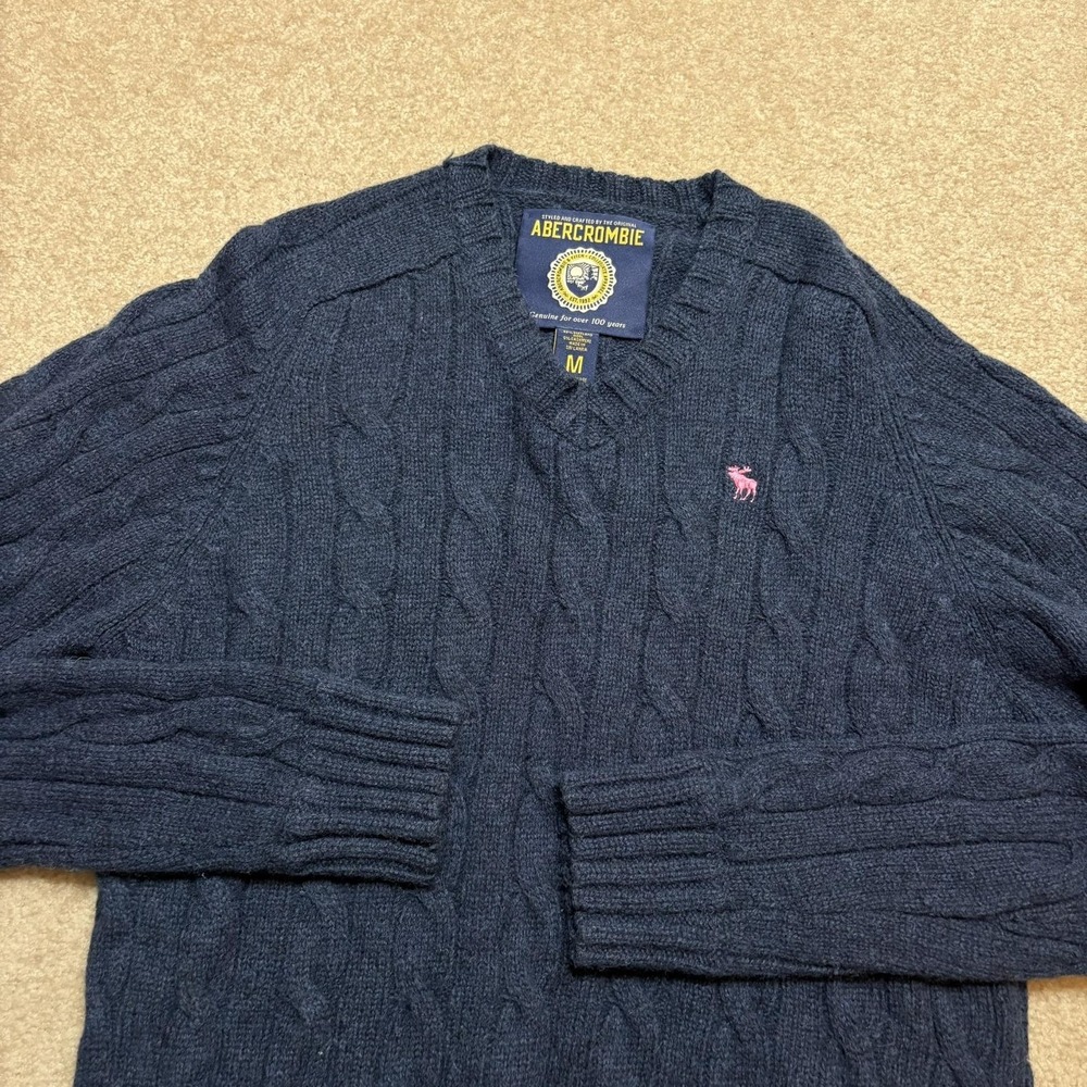 Abercrombie Fitch Sweater Womens M Navy Shetland Wool Cashmere Cable Knit V Neck